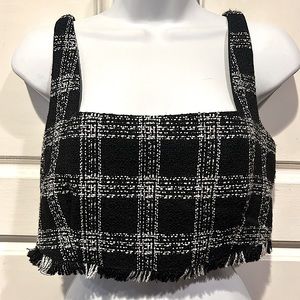 House of Harlow 1960 Black & White Plaid Checkered Frayed Hem Crop Top Medium